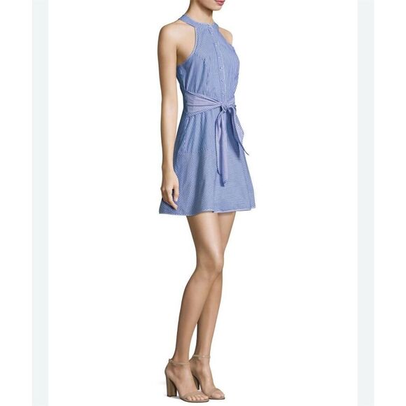 Parker Size 8 Halter Blue Striped Fit & Flare Cotton Above Knee Length Dress - Picture 2 of 7